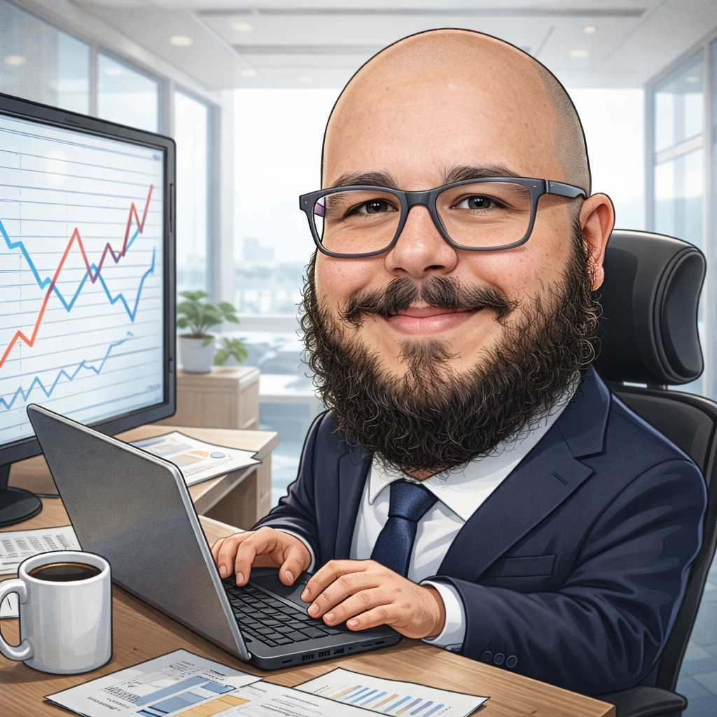 Uma caricatura bem-humorada de um empresário careca e de barba cheia em seu escritório, usando óculos e terno azul.