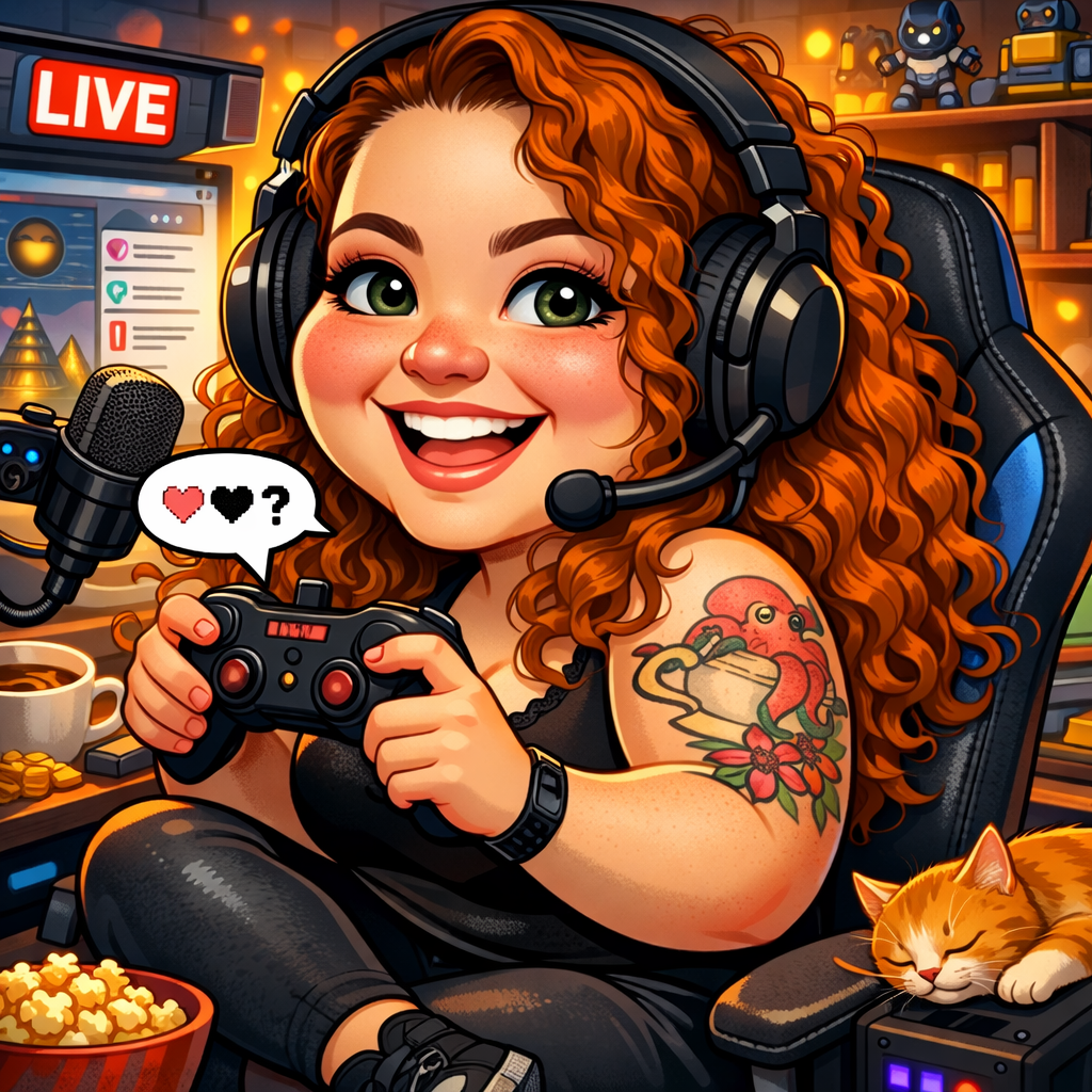 Ilustração vibrante de uma streamer ruiva sorridente em seu setup gamer, segurando um controle de videogame ao lado de um gatinho.
